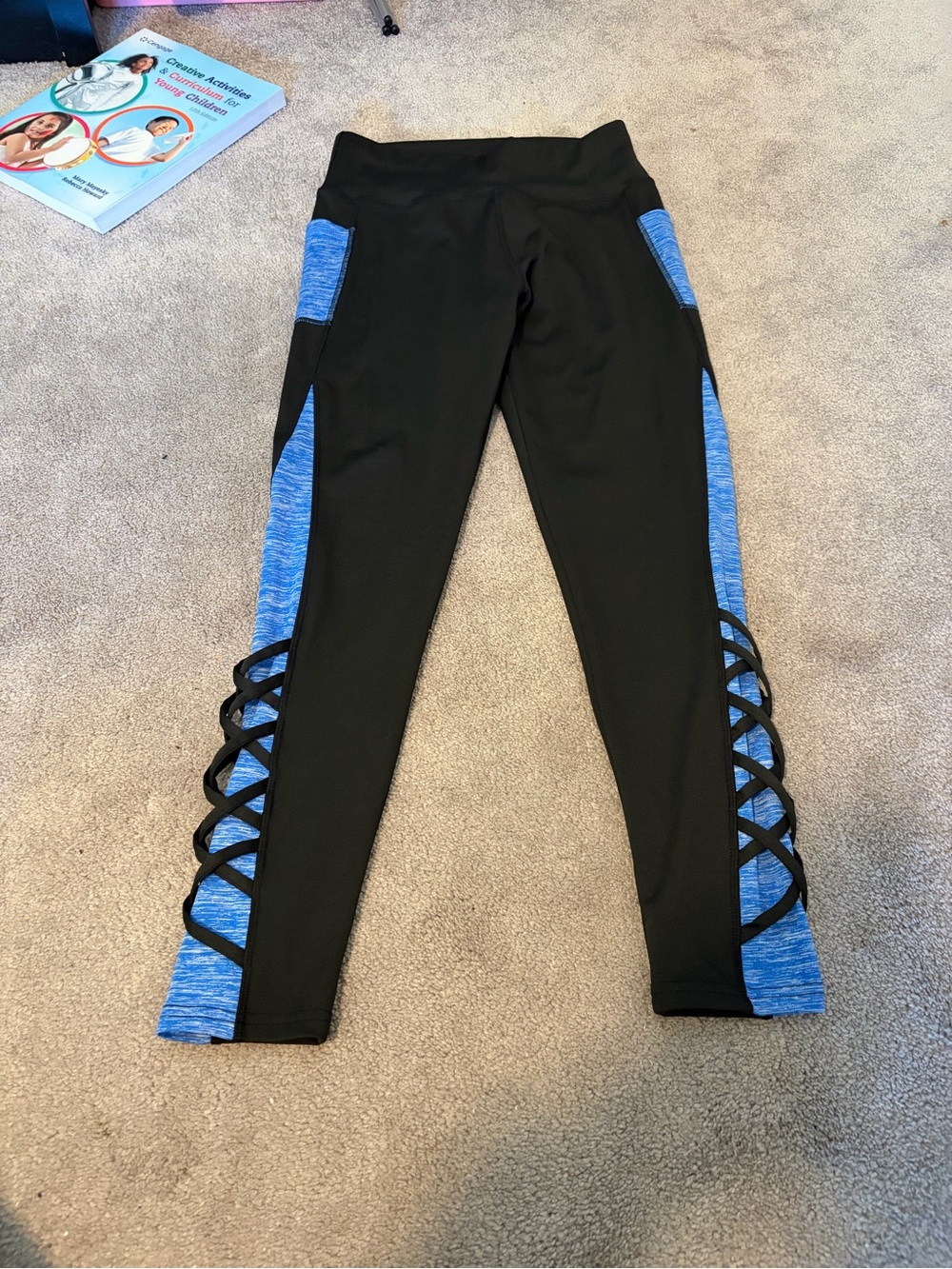 Black Leggings with Blue Side Panels and Lattice Detail